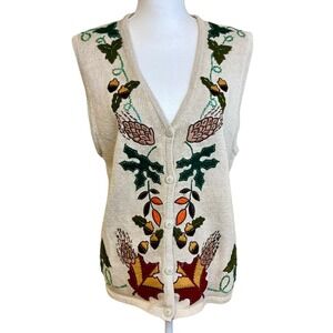 Vintage BOBBIE BROOKS Fall Thanksgiving Knit Button Front Sweater Sz M Vest Leaf